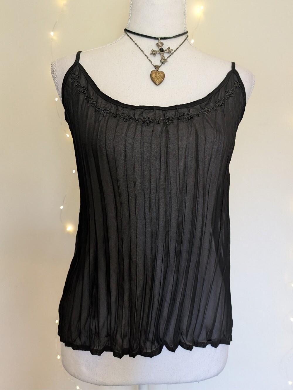 VTG Sheer Black Pleated Camisole with Embroidered Neckline